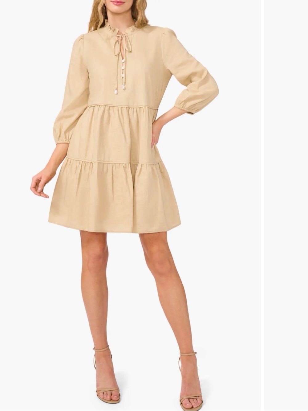 CeCe Beige Tiered Tie-Neck Mini Dress